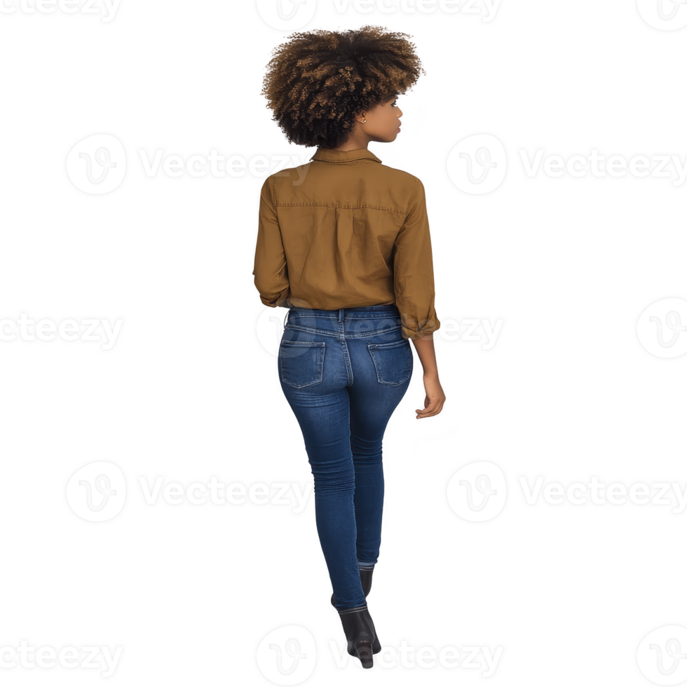 Person with curly hair wearing brown shirt and blue jeans walks confidently. casual outfit and stylish boots add to relaxed yet fashionable look png