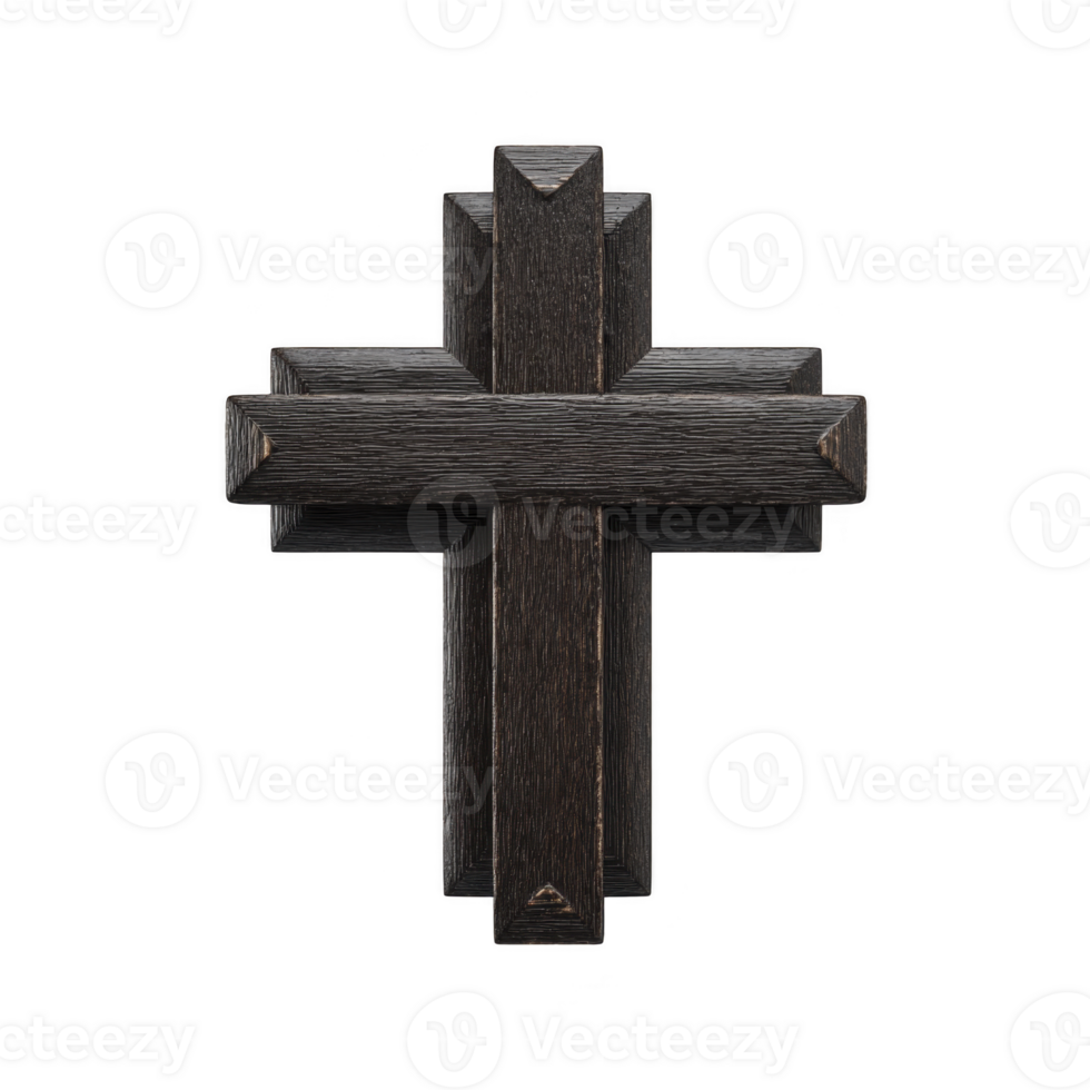 Wooden cross with dark finish is displayed against plain background, showcasing its simple yet elegant design. craftsmanship highlights natural grain of wood, adding rustic charm png