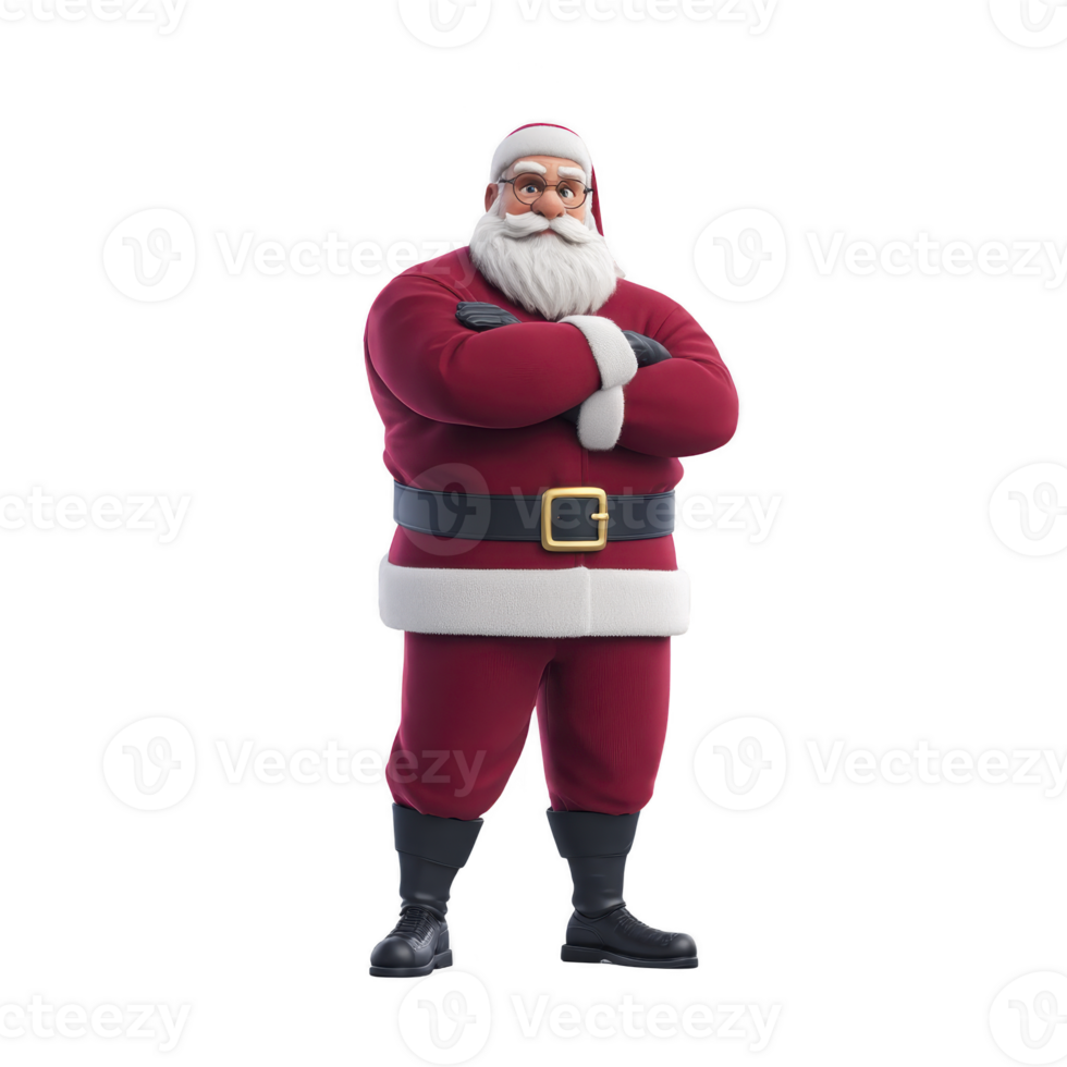 Jolly Santa Claus stands confidently with arms crossed, wearing his classic red suit, black boots, and wide belt. His white beard and glasses add to his cheerful, festive appearance png