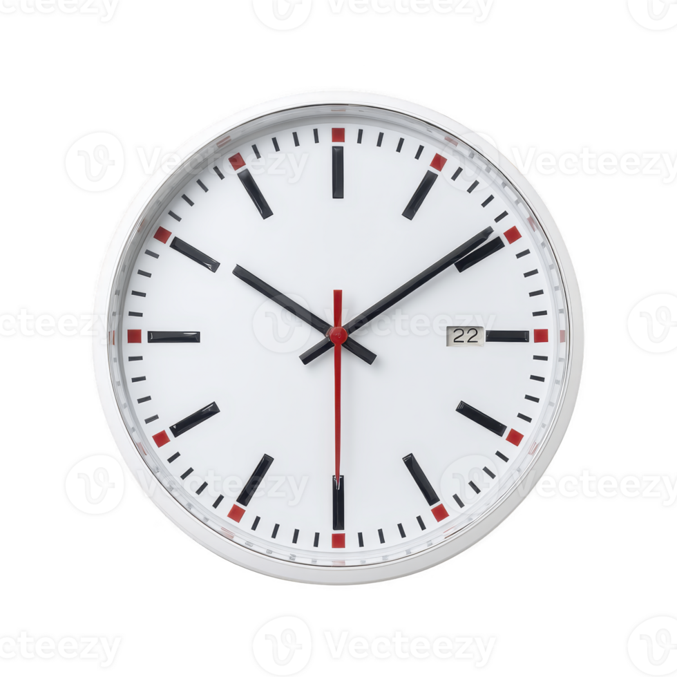 Round wall clock with white face, black hour and minute hands, and red second hand. It features date display on right side. clock has minimalist design png