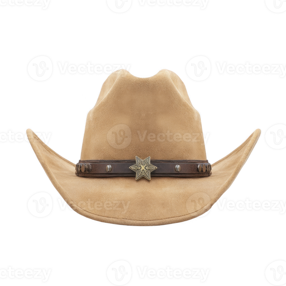 Tan cowboy hat with wide brim and decorative band featuring star emblem, exuding classic Western style. hat is made of suede material, perfect for rustic look png