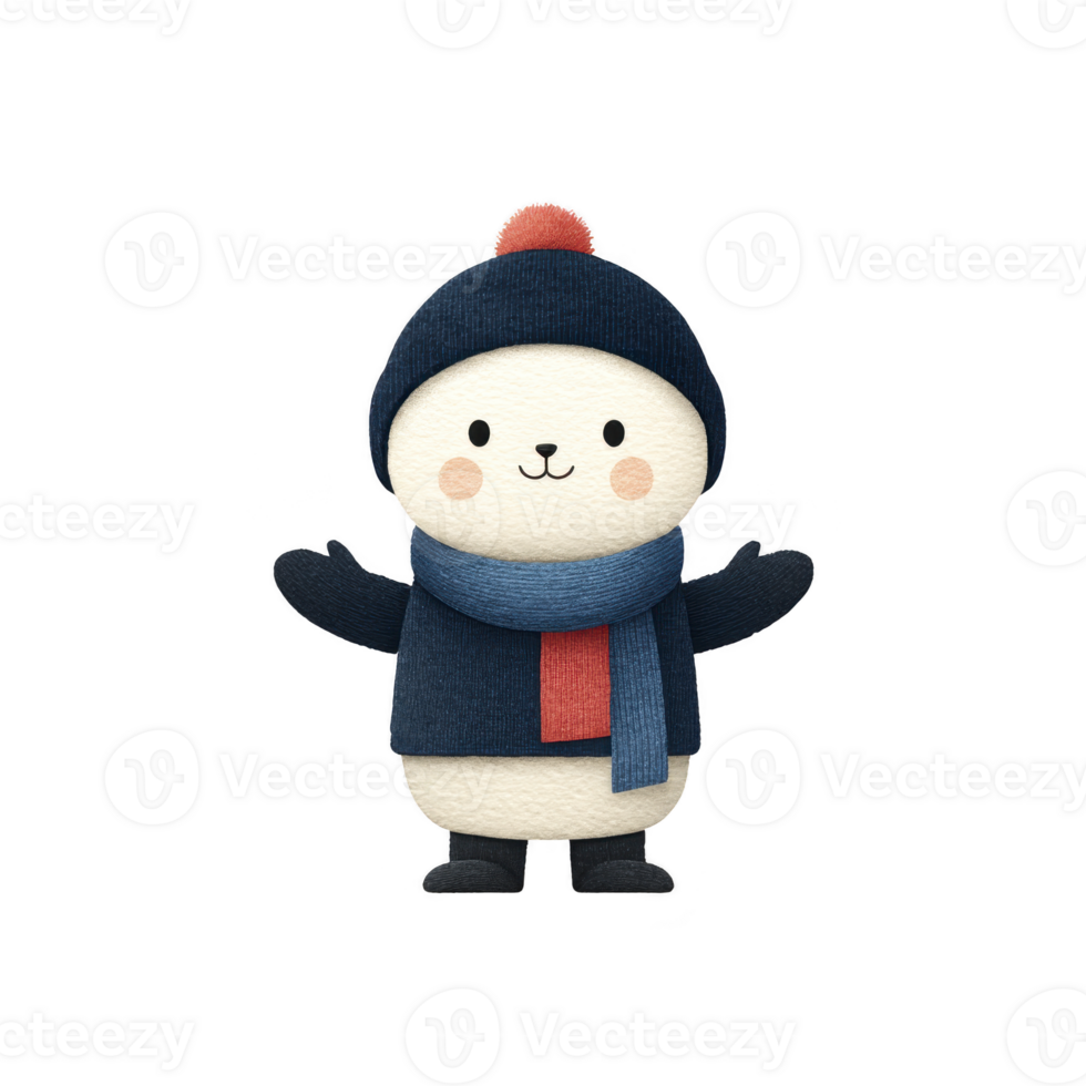 Cute cartoon character dressed warmly in blue hat, scarf, and coat, with cheerful expression. character has round face and small, rosy cheeks, adding to its charm png