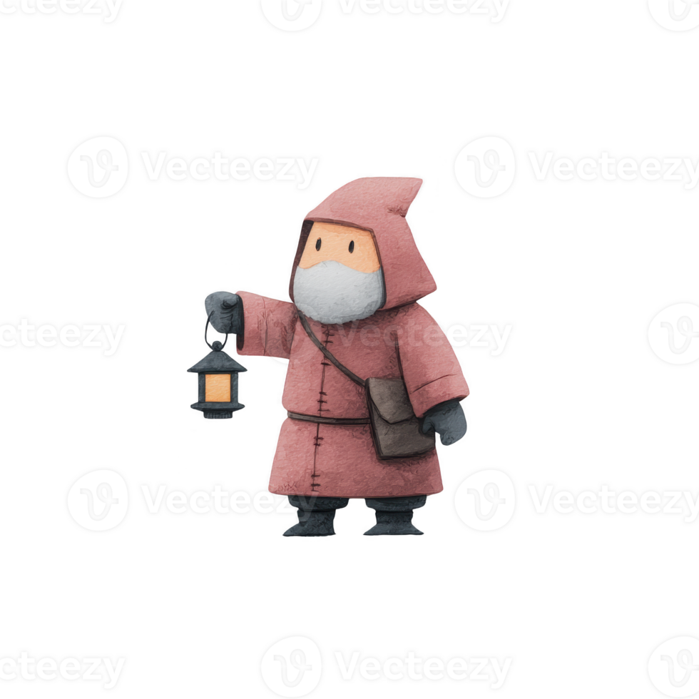 Cute character in red hooded cloak holds lantern, evoking sense of adventure and mystery. character simple design and soft colors create whimsical and charming atmosphere png