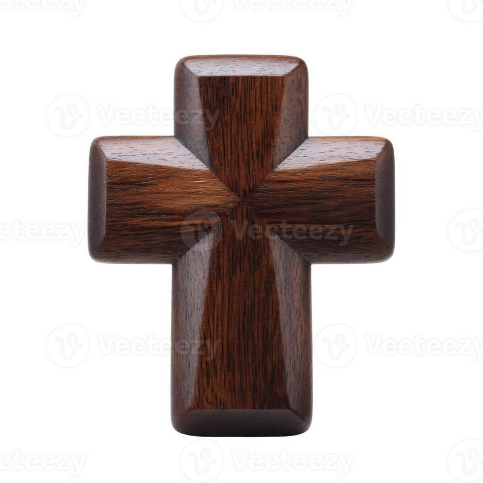 Polished wooden cross with smooth finish, symbolizing faith and spirituality, isolated on transparency background. craftsmanship highlights natural wood grain, adding elegance png