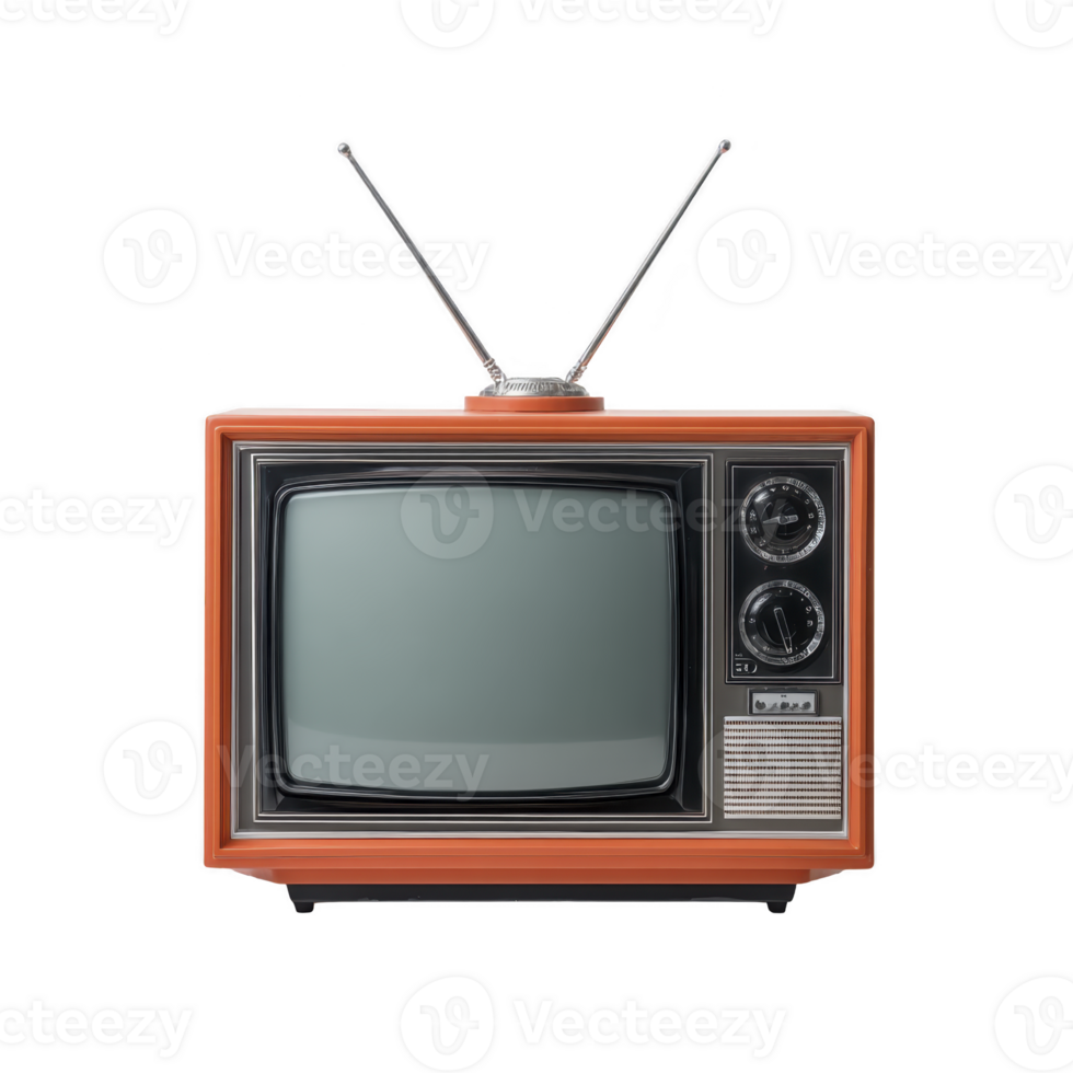 Vintage television with orange frame and antenna evokes nostalgia, showcasing retro design and classic technology. old fashioned TV set is symbol of past entertainment eras png