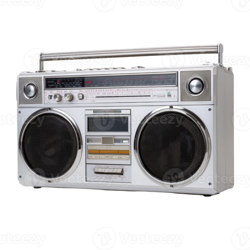 Vintage silver boombox with large speakers and handle, featuring cassette player and radio tuner, evokes nostalgia and retro vibes png