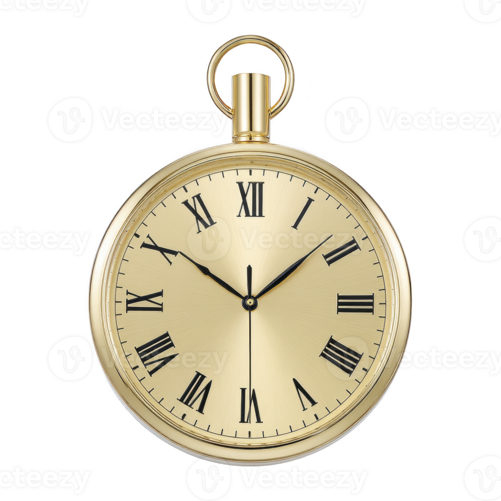 Classic gold pocket watch with Roman numerals and round face, exuding elegance and timeless style. watch features loop at top for attaching chain png