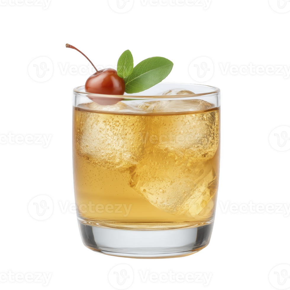 Refreshing cocktail in clear glass with ice cubes, garnished with cherry and green leaf, evokes sense of elegance and sophistication png