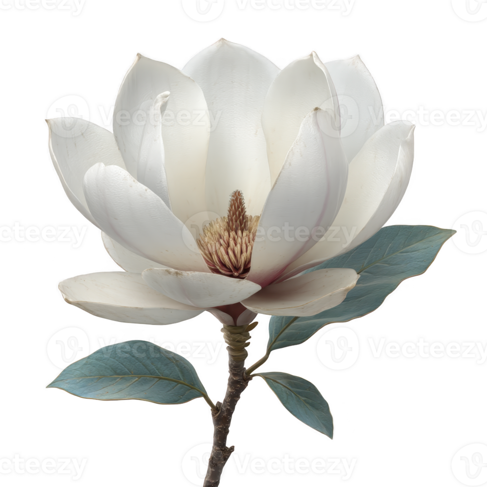 Beautiful white magnolia flower with soft petals and green leaves on single stem, showcasing nature elegance and simplicity png