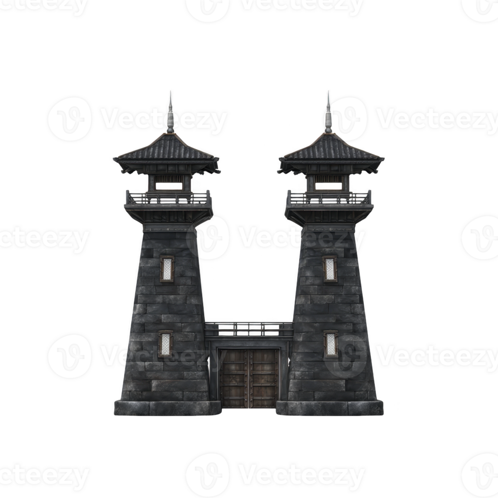Medieval stone fortress with two tall towers and central gate, featuring dark stone and pointed roofs, evokes sense of mystery and history png