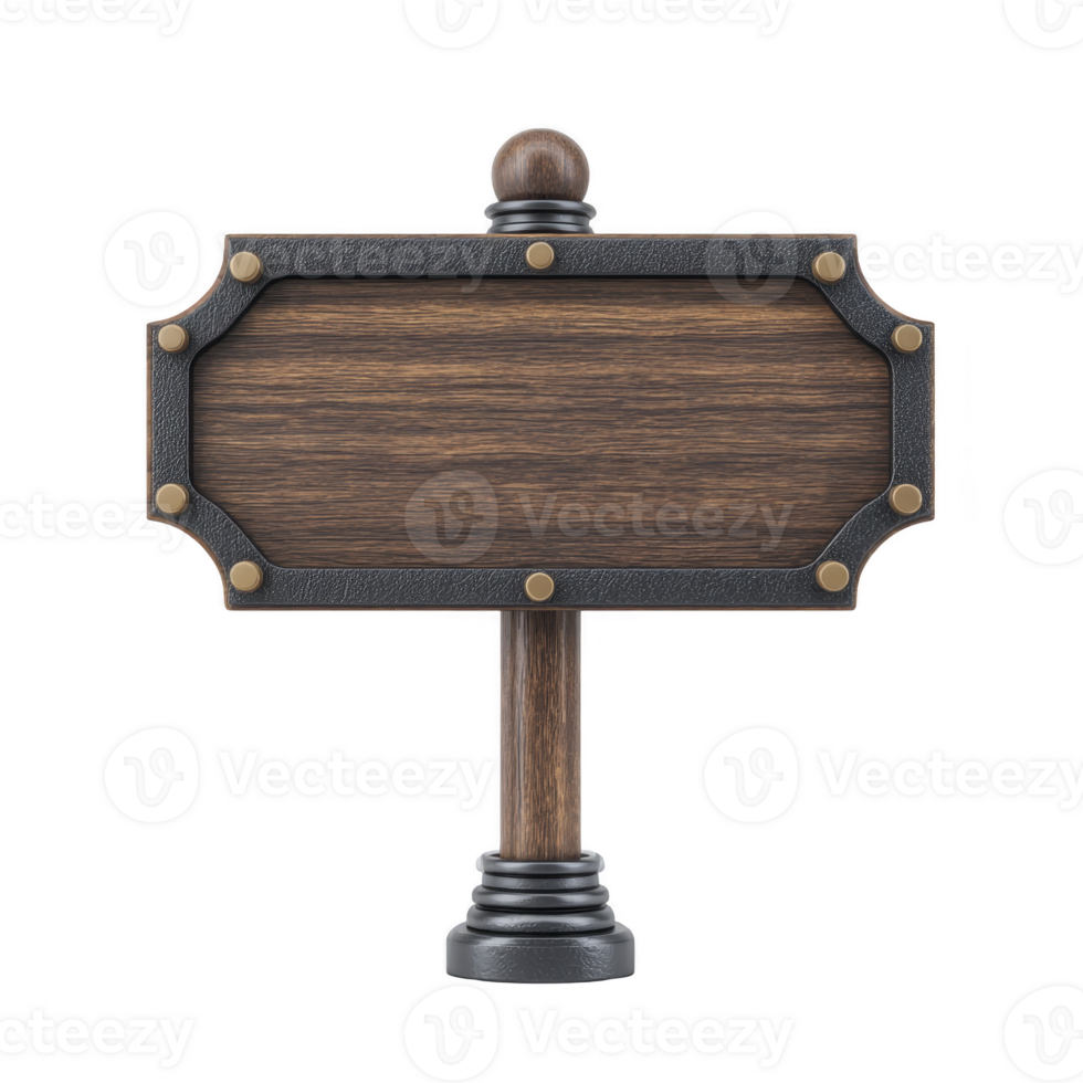 Wooden sign with dark frame and metal accents stands on sturdy base, evoking vintage feel. sign is blank, ready for customization, and features classic design png