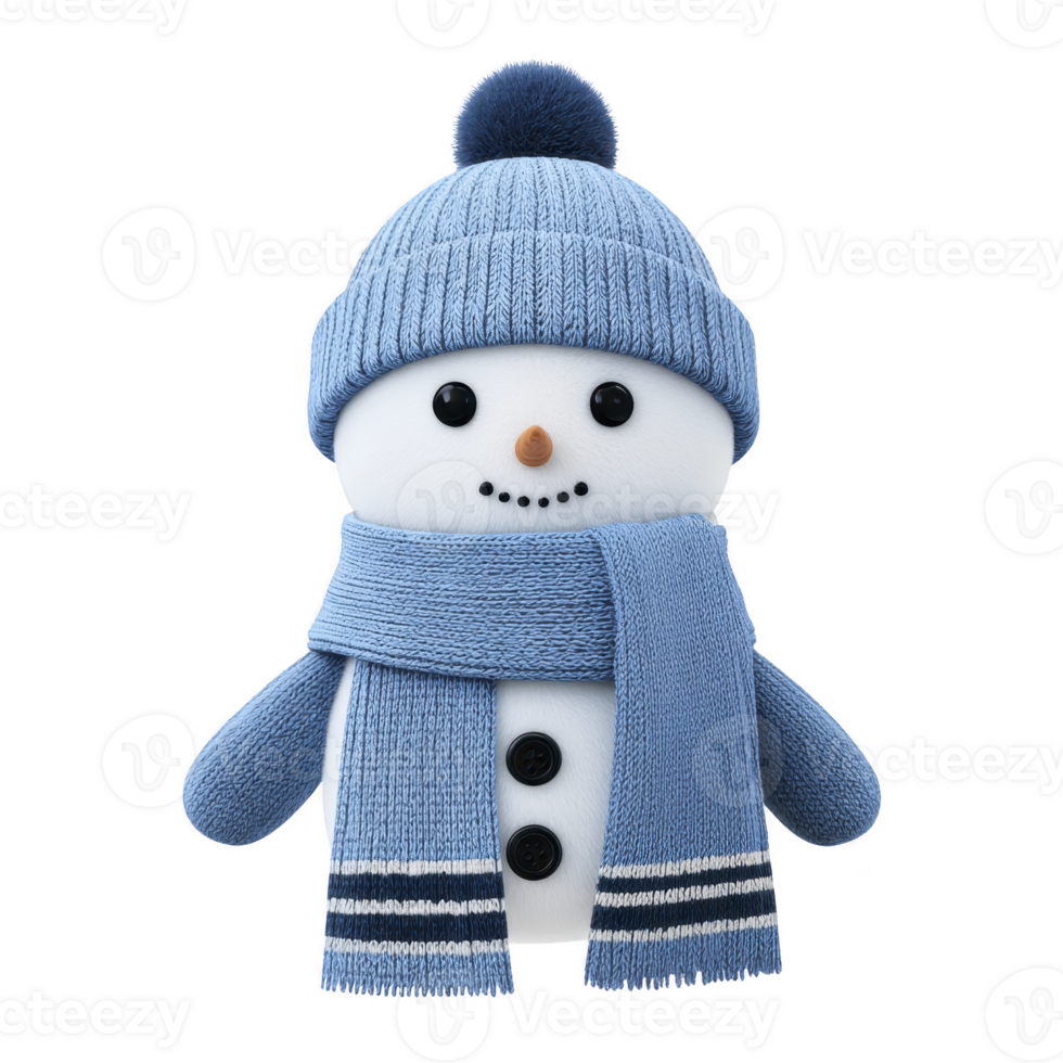 Cute snowman wearing blue knitted hat and scarf, with cheerful expression, stands against transparency background. snowman has button eyes and carrot nose png