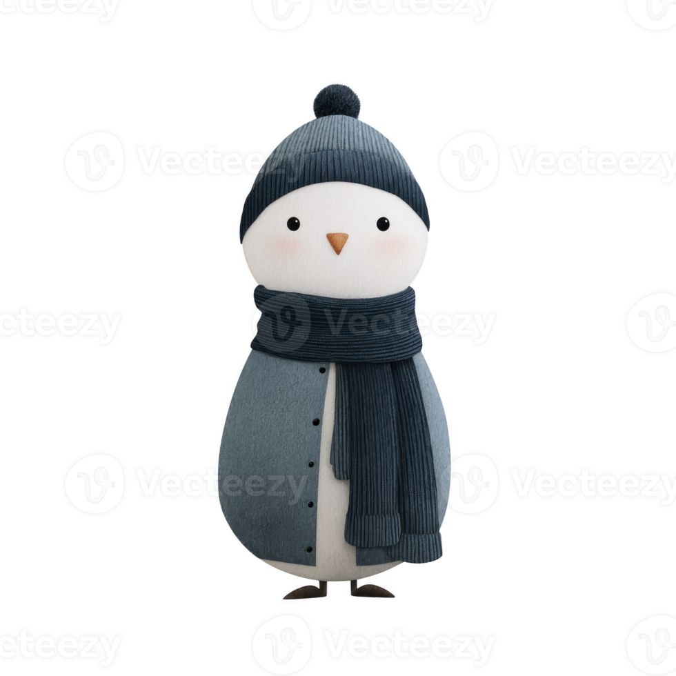 Cute, cartoon penguin wearing blue hat and scarf stands cheerfully. penguin simple design and soft colors create charming and friendly appearance png