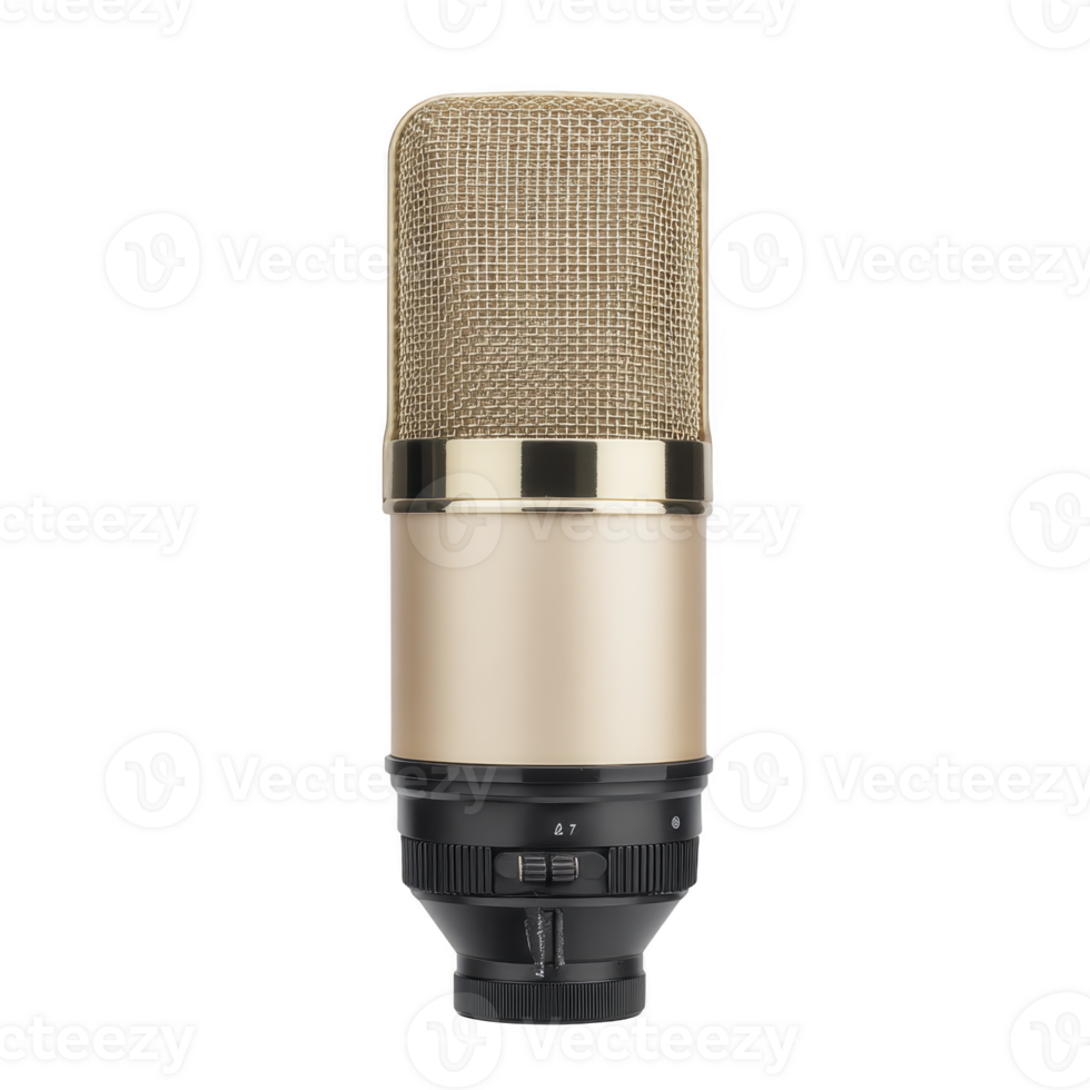 Gold and black studio microphone with mesh grille, designed for professional audio recording, stands out against transparency background. sleek design and metallic finish convey sense of quality png