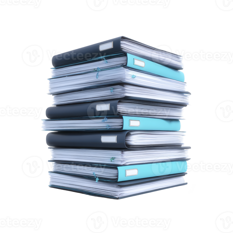 Tall stack of organized office binders and documents is neatly arranged, showcasing efficient paperwork management. binders are in shades of blue and black, symbolizing professionalism png