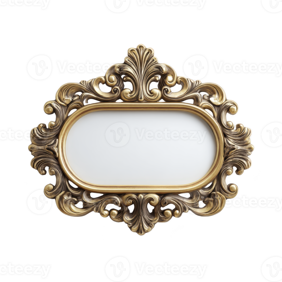 Ornate oval mirror with intricate gold frame featuring elegant scrollwork and floral motifs, exuding vintage and luxurious feel. mirror is set against plain background png