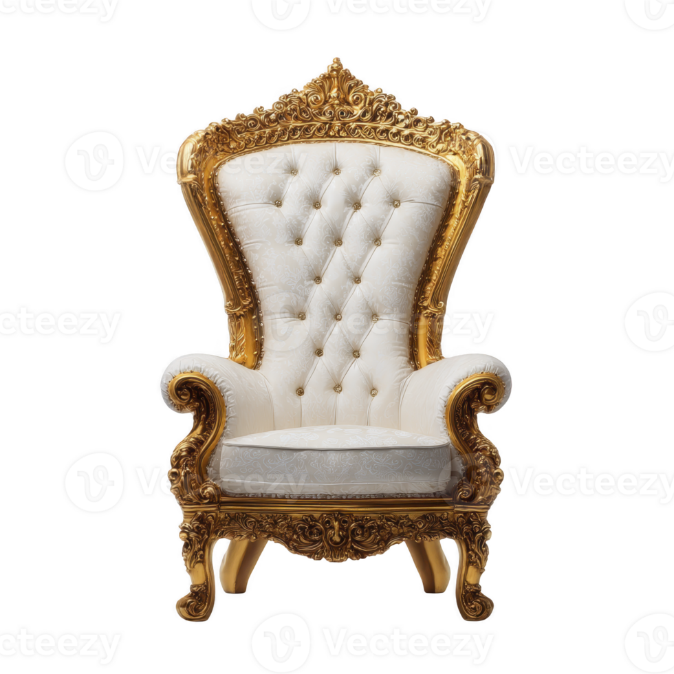 Ornate, luxurious armchair with high backrest, featuring intricate gold detailing and white tufted upholstery, exudes elegance and sophistication png