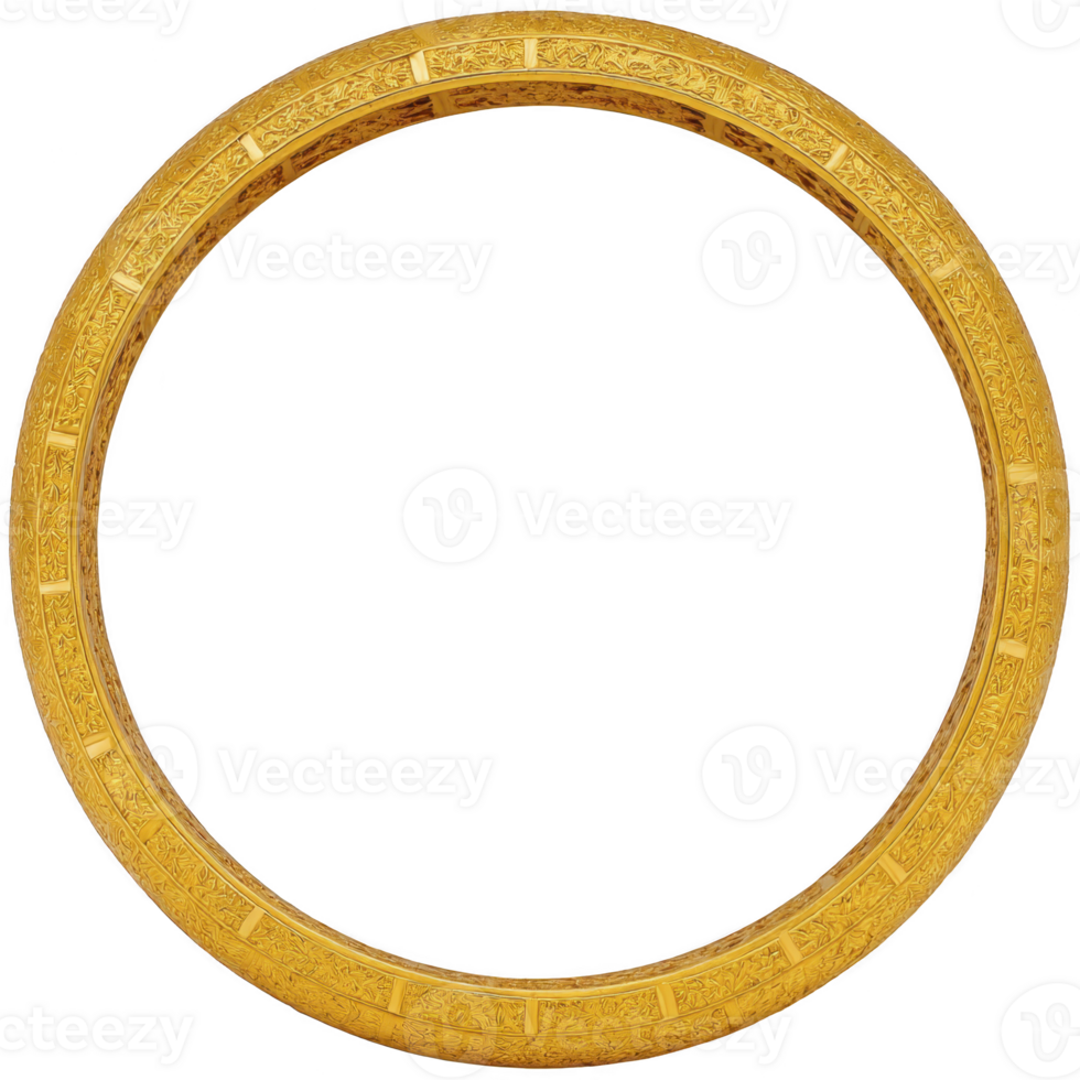 Round, ornate golden frame with intricate patterns and smooth finish, perfect for highlighting artwork or photographs. elegant design adds touch of luxury and sophistication png