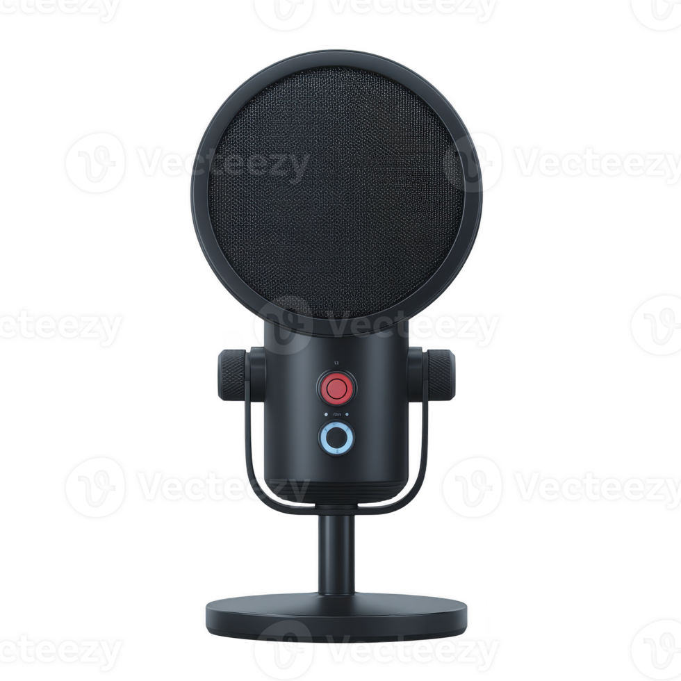 Sleek black microphone with round mesh head and adjustable stand, designed for professional audio recording and podcasting. microphone features control buttons for easy use png