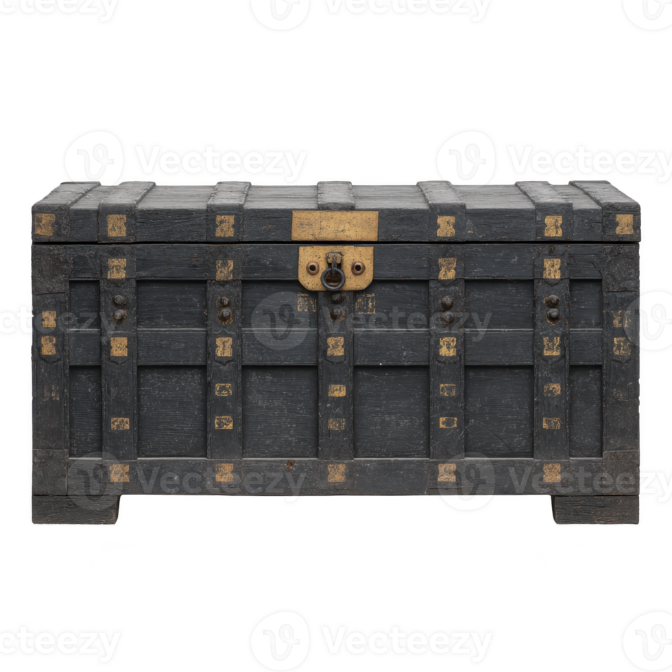 Vintage wooden chest with metal accents and central lock, showcasing rustic and antique design. dark wood and brass details evoke sense of history and mystery png