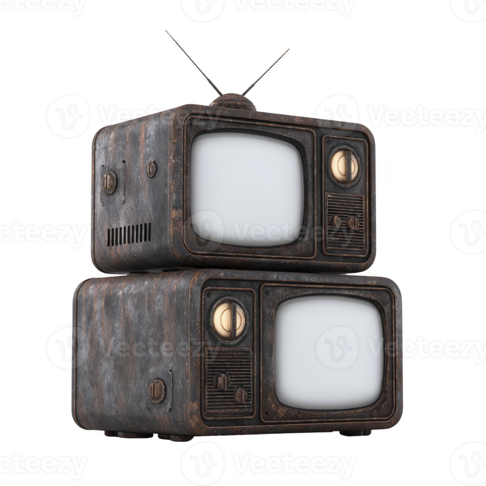 Two vintage televisions with antennas are stacked, showcasing retro design with rusty, weathered appearance. nostalgic style evokes sense of history and timelessness png