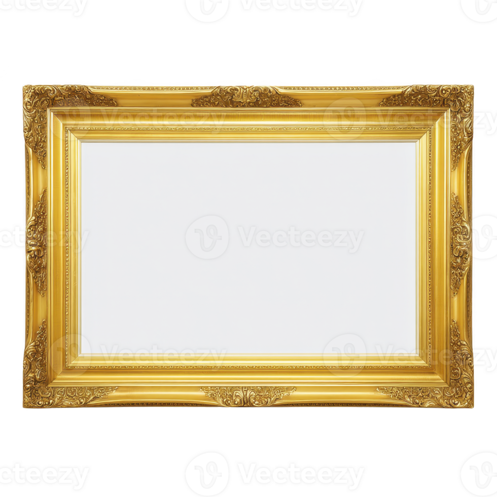 Luxurious, ornate gold picture frame with intricate detailing and empty white center, perfect for displaying art or photographs. frame exudes elegance and sophistication png