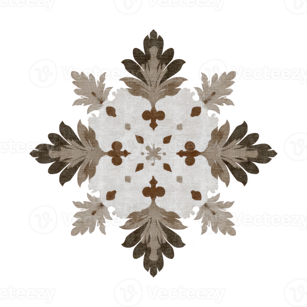 Intricate floral pattern with symmetrical design shades of brown and beige, resembling vintage textile motif. design features leaf like shapes and ornate details, creating classic and elegant png