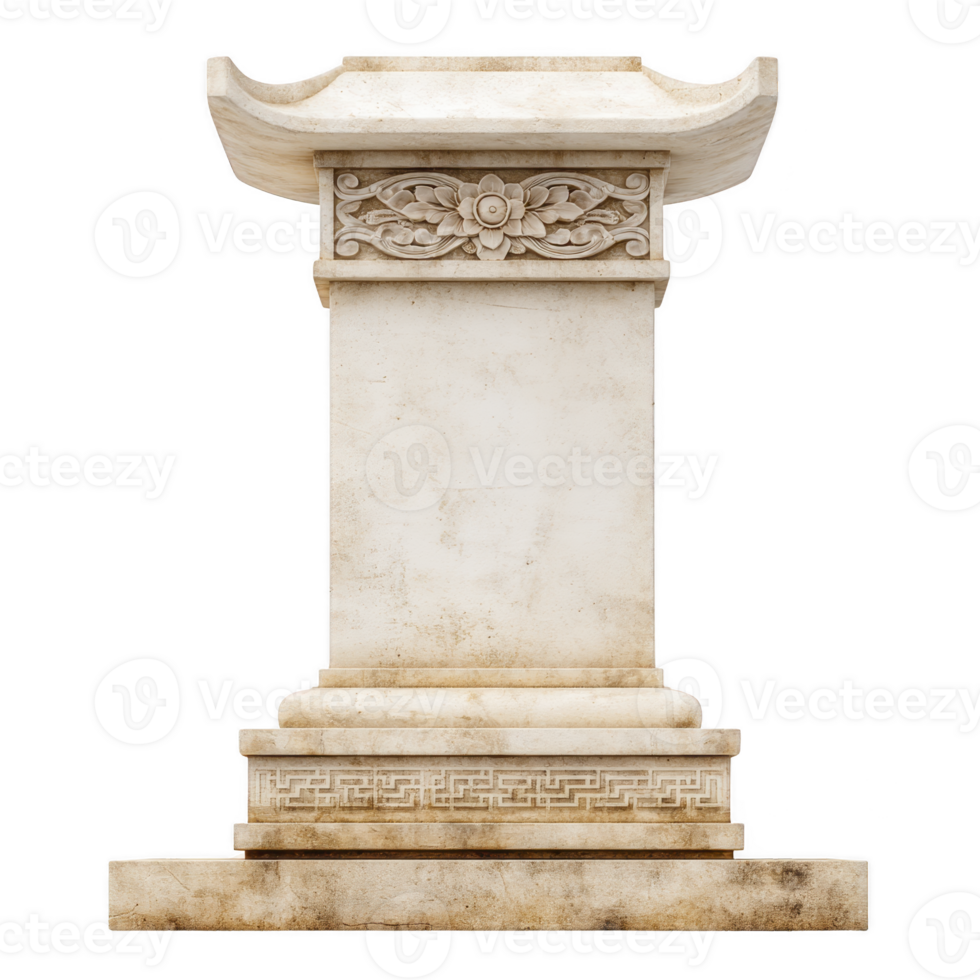 Decorative stone pedestal with intricate floral carvings and pagoda style top, showcasing elegant craftsmanship and weathered appearance png