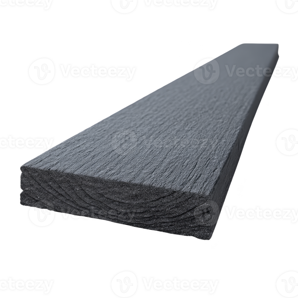 Long, textured, dark gray wooden plank is shown, ideal for construction or DIY projects. surface appears rough, suggesting durability and strength, suitable for outdoor use png