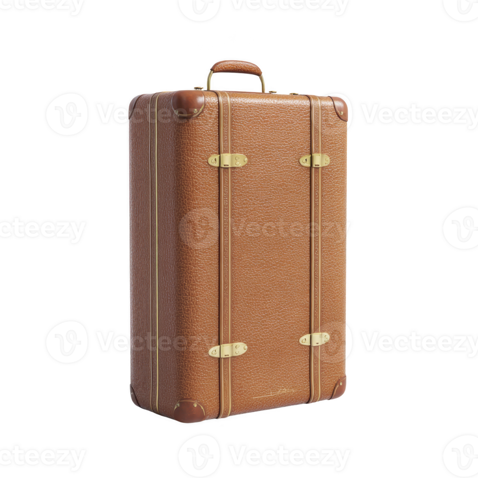 Vintage brown leather suitcase with brass hardware and sturdy handle, evoking sense of classic travel style. textured surface and reinforced corners add durability and charm png