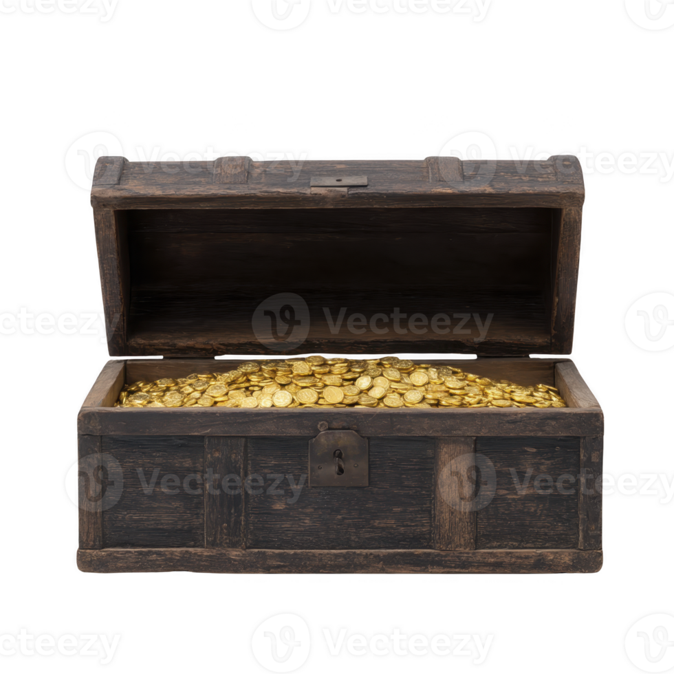 Open wooden treasure chest filled with shiny gold coins, evoking sense of adventure and discovery. chest rustic appearance contrasts with gleaming coins inside png
