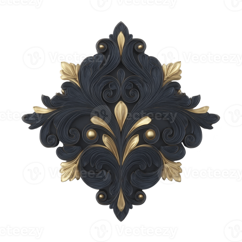 Ornate black and gold decorative design features intricate swirling patterns and leaf motifs, creating elegant and luxurious appearance png