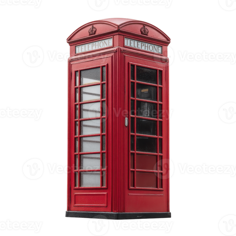 Classic red British telephone booth stands isolated, showcasing its iconic design with glass panels and domed roof. This nostalgic symbol evokes sense of history and charm png