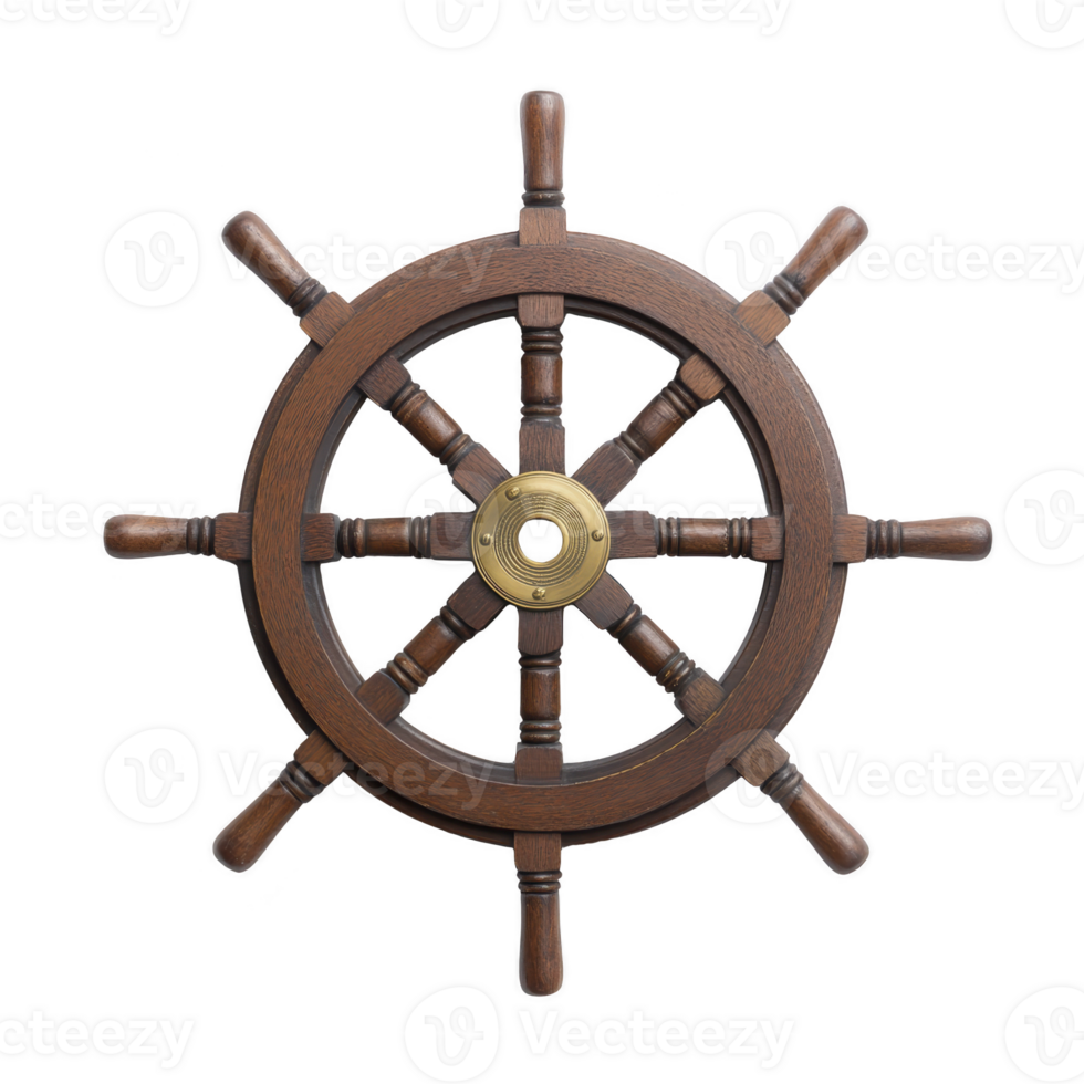 Wooden ship wheel with brass center, featuring eight handles, symbolizes nautical navigation and maritime adventure. wheel is isolated on transparency background png