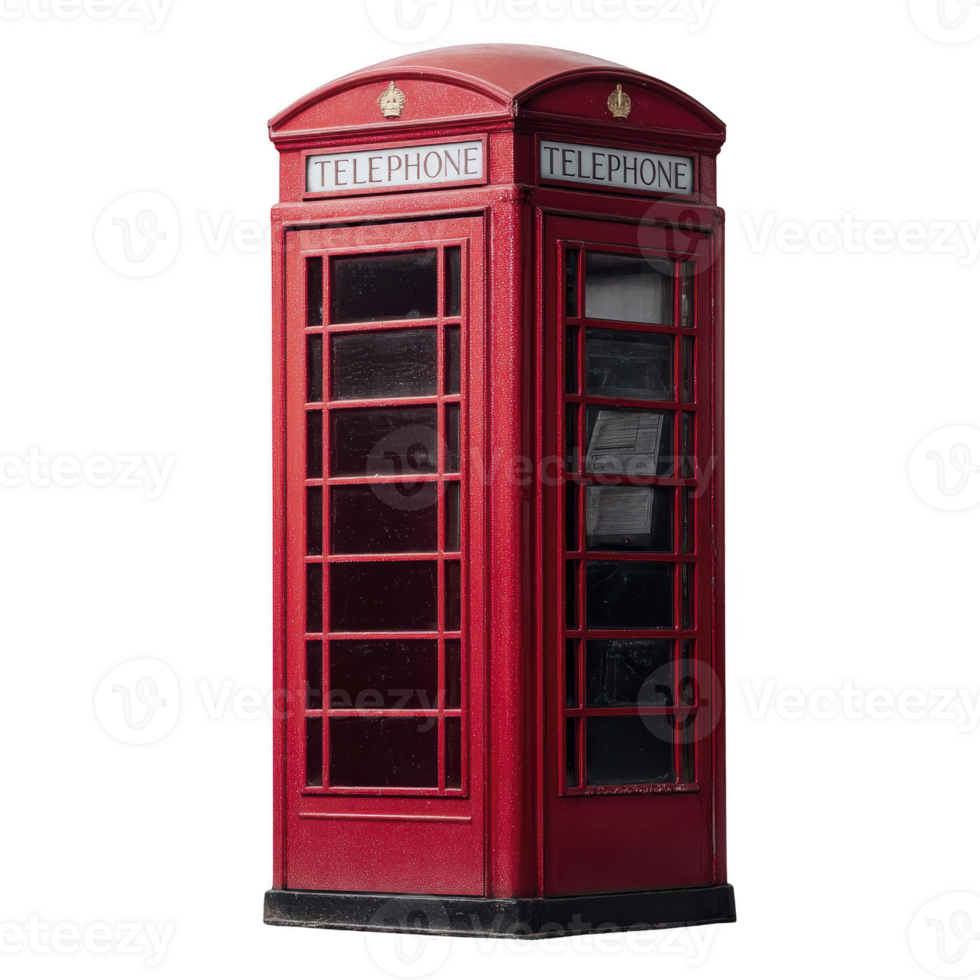 Classic red British telephone booth stands tall, showcasing its iconic design with glass paneled windows and domed roof. This nostalgic symbol evokes sense of history and charm png