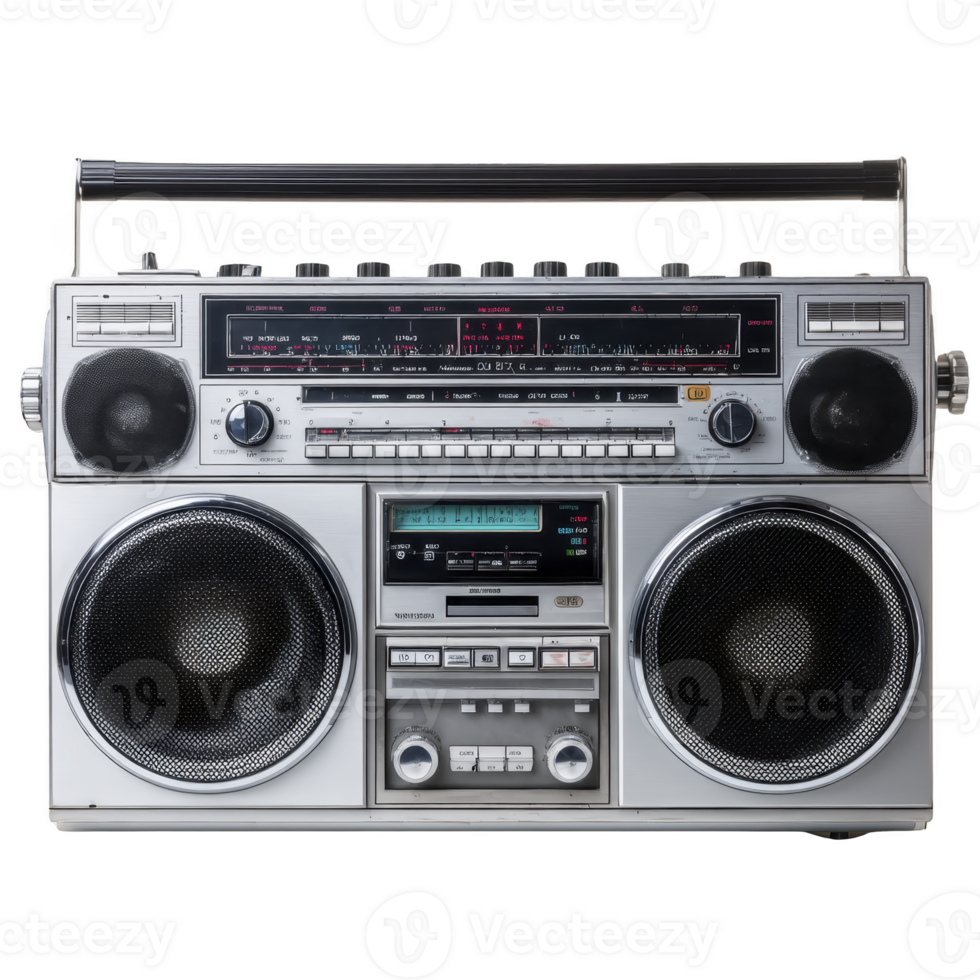 Vintage silver boombox with dual speakers, numerous control knobs, and cassette player evokes nostalgia. retro design highlights its classic appeal and functionality png