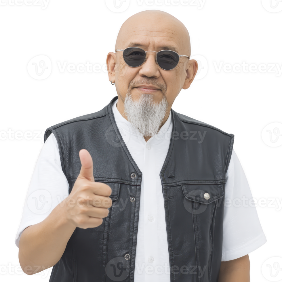 Bald man with white beard wearing sunglasses and leather vest gives thumbs up gesture, exuding confidence and positivity png