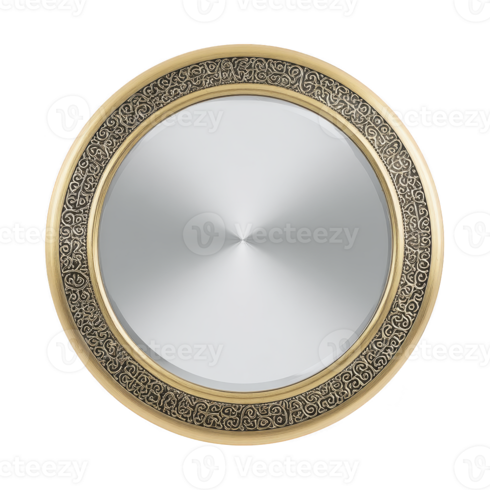 Round decorative wall mirror with ornate gold frame featuring intricate patterns adds elegance to any room. reflective surface is smooth and polished, enhancing light and space png