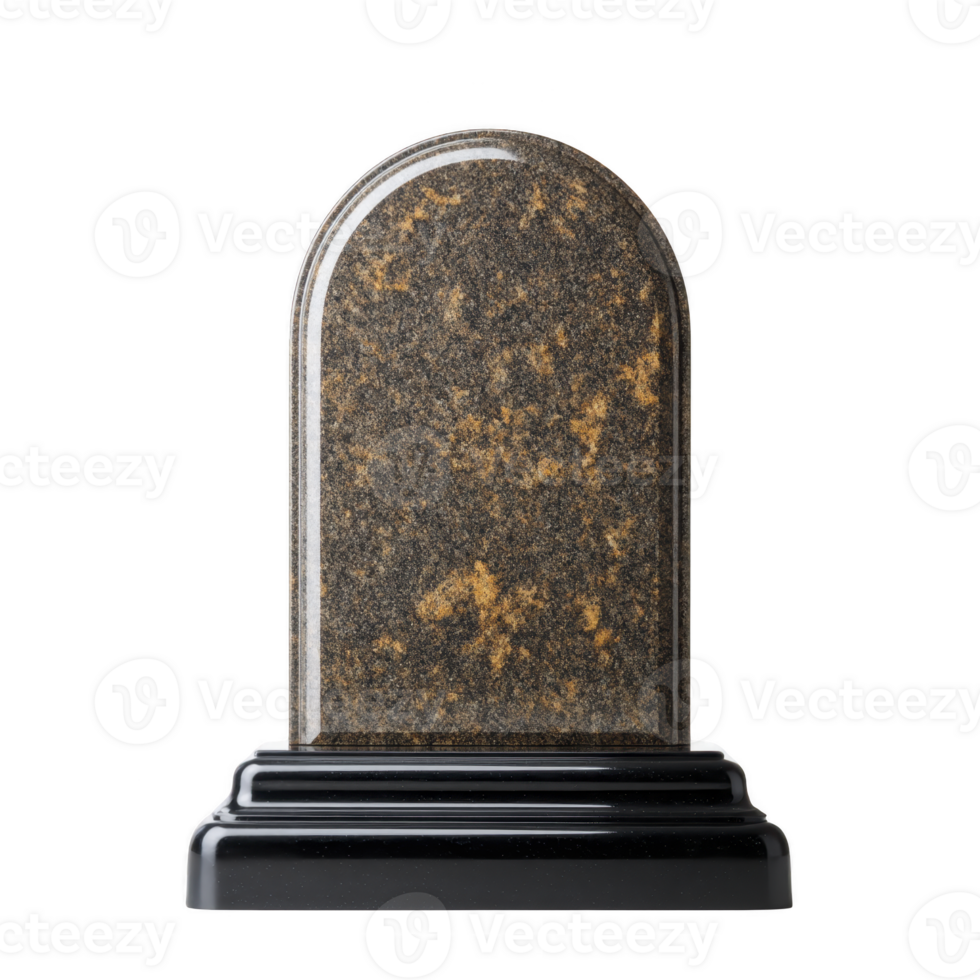 Polished granite tombstone with smooth, arched top and sturdy black base, suitable for memorial purposes. stone speckled pattern adds touch of elegance png
