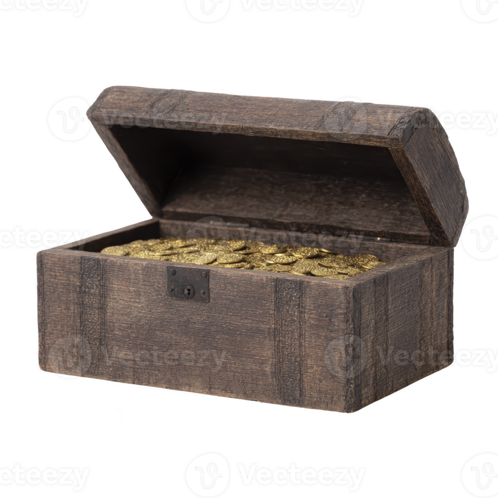 Open wooden treasure chest filled with shiny gold coins, evoking sense of adventure and discovery. rustic chest has vintage appearance, adding to its charm png