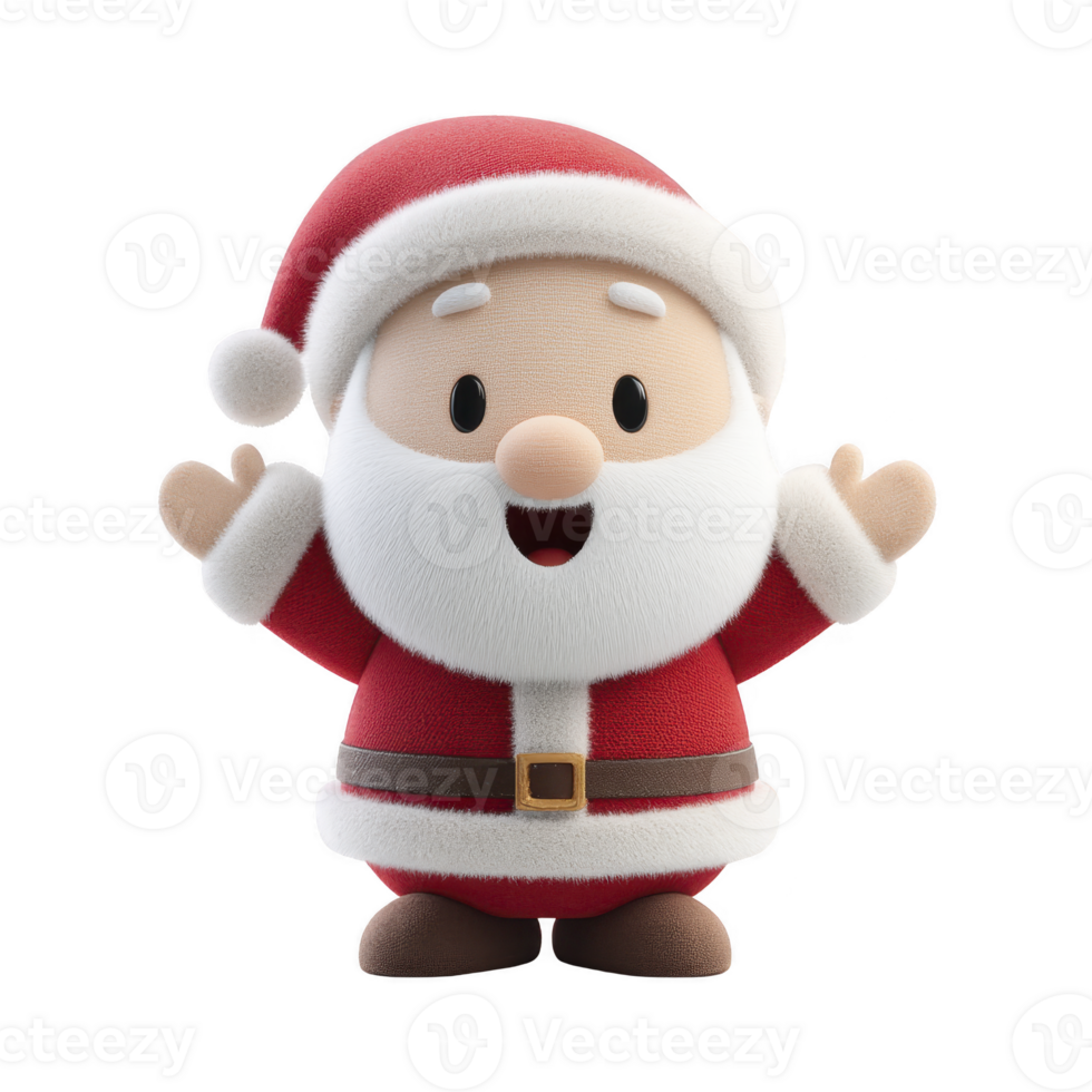This features cute, cartoon Santa Claus character with joyful expression, wearing classic red suit and hat, white beard, and black belt, standing with arms raised png