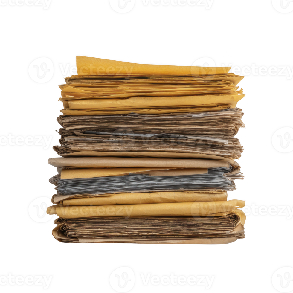 Stack of old, yellowed papers and documents is piled high, showing signs of age and wear. papers are unevenly stacked, with some edges frayed and corners bent, evoking sense of nostalgia png