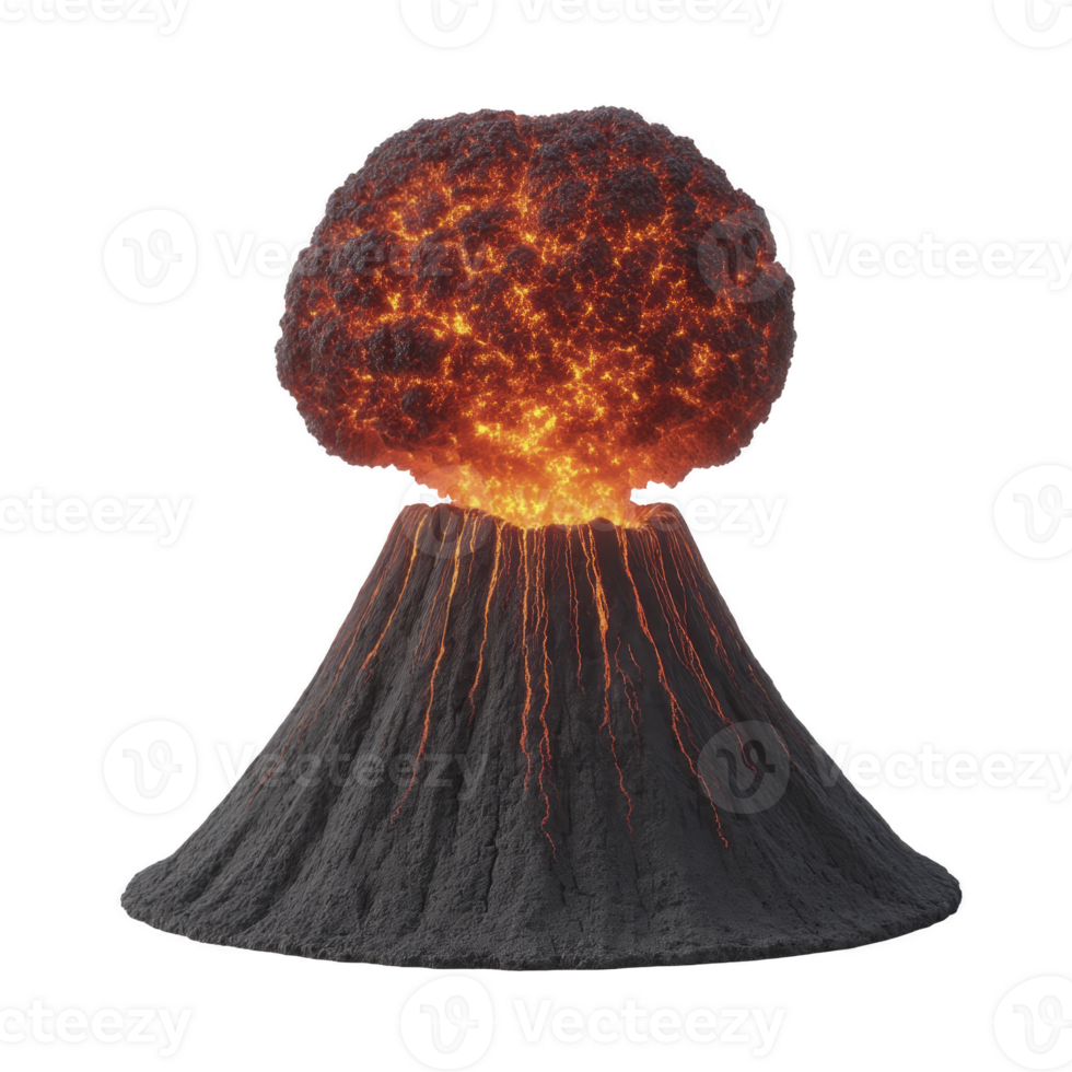 Fiery volcanic eruption with glowing lava and ash cloud showcases raw power of nature. intense heat and vibrant colors create dramatic and awe inspiring scene png