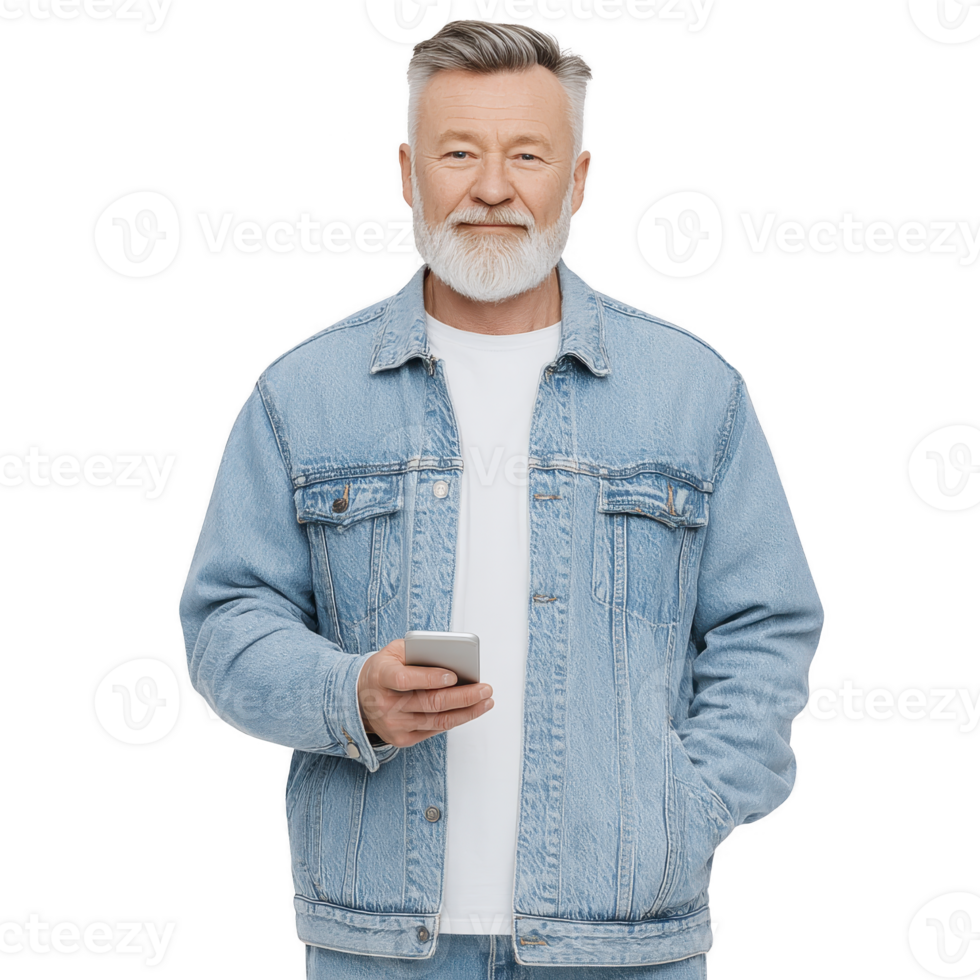 Bearded man in denim jacket holds smartphone, exuding calm and confident demeanor. casual attire and modern gadget suggest blend of classic and contemporary style png