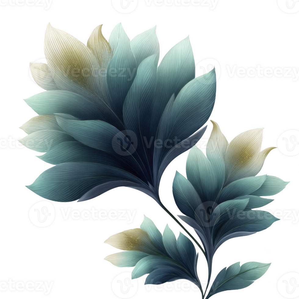 Elegant digital illustration of stylized leaves with gradient of blue and green hues, showcasing intricate line details and modern, artistic design png
