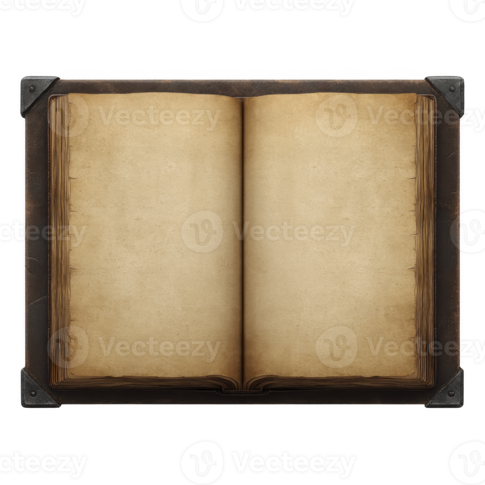 Open vintage book with aged, yellowed pages and leather cover evokes sense of history and nostalgia. book worn appearance suggests it has been well used and cherished over time png