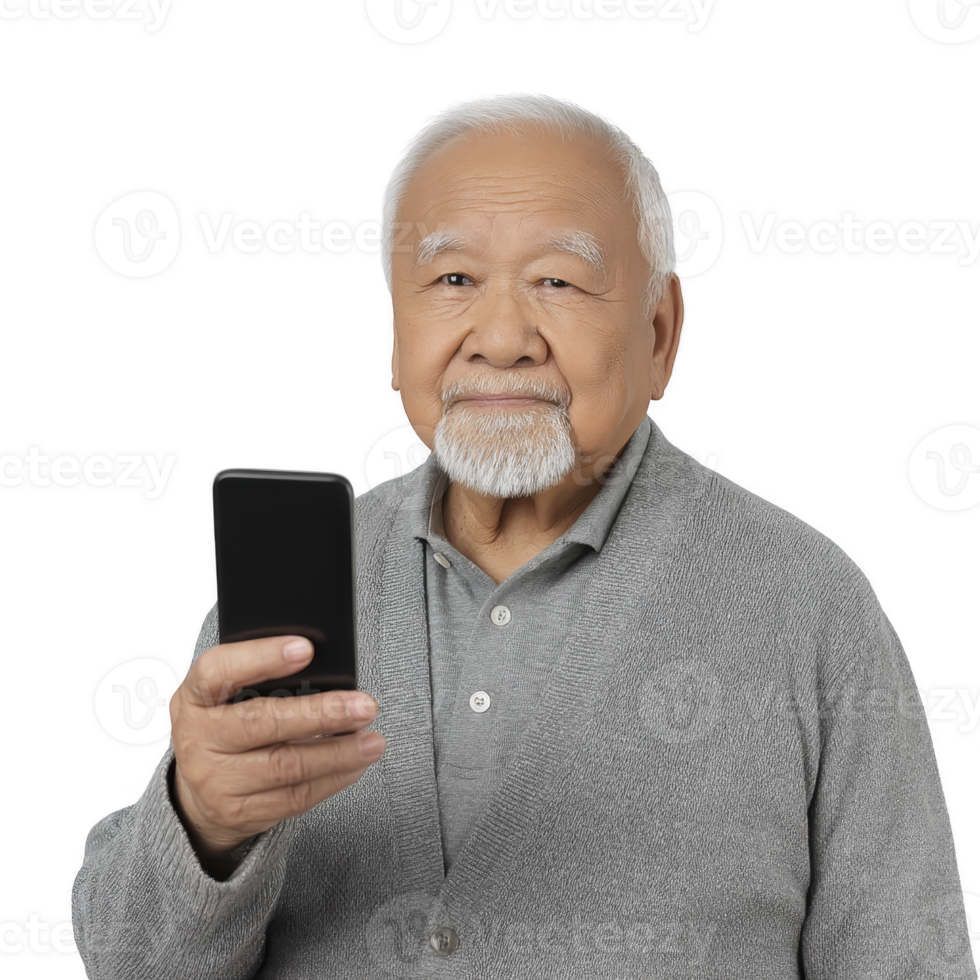 Elderly man with gray hair and beard holding smartphone, wearing gray sweater and shirt, looking at camera with neutral expression png