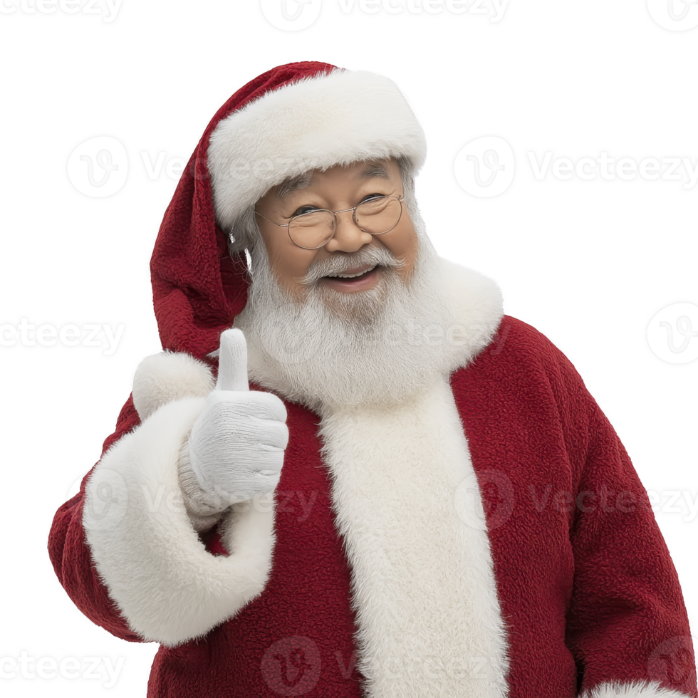 Santa Claus giving thumbs up, wearing red suit with white fur trim and matching hat, exudes joyful and festive spirit. His white beard and glasses add to classic holiday look png