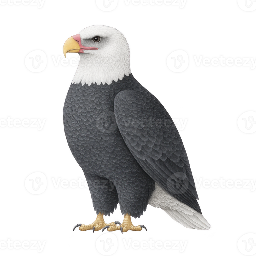 Majestic bald eagle with white head and tail, dark brown body, and yellow beak stands proudly, symbolizing strength and freedom. Its sharp gaze and detailed feathers are striking png