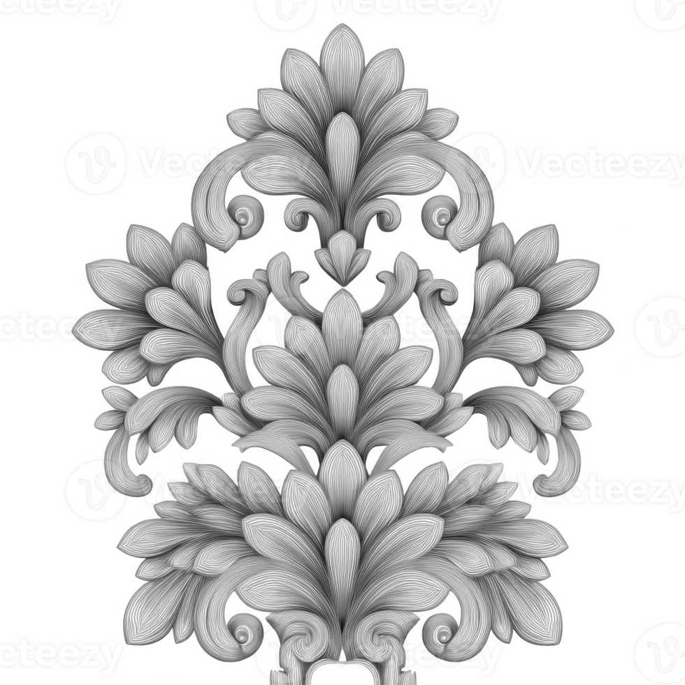 Intricate grayscale ornamental design featuring symmetrical floral patterns and swirling elements, evoking sense of elegance and classic artistry png